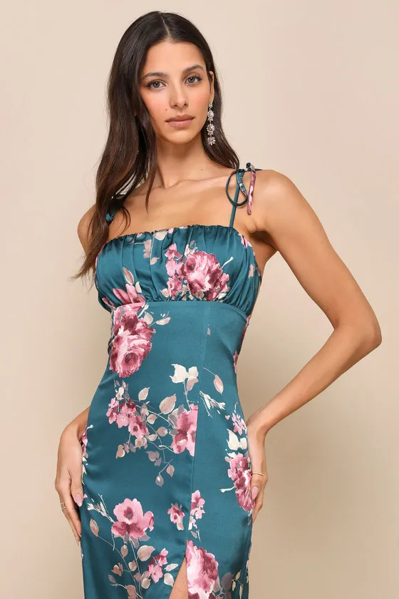 Fleur-ty Behavior Teal Floral Satin Tie-Strap Midi Dress sold by Lulus product image thumbnail 3