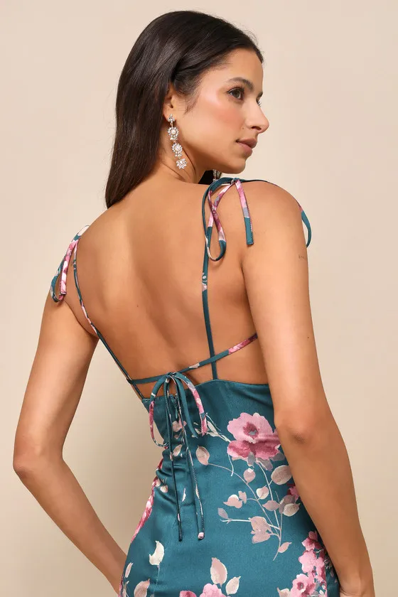 Fleur-ty Behavior Teal Floral Satin Tie-Strap Midi Dress sold by Lulus product image thumbnail 4