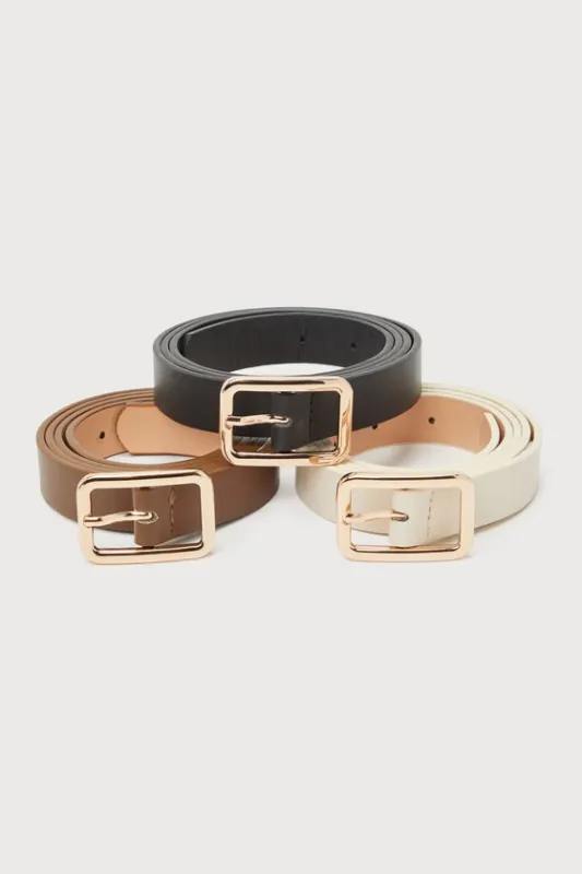 Stylish Setup Black, Ivory, and Brown Three-Piece Belt Set sold by Lulus
