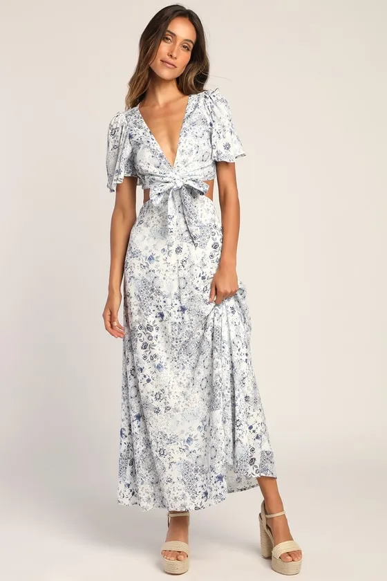 Stroll the Avenues White Floral Print Tie-Front Maxi Dress sold by Lulus