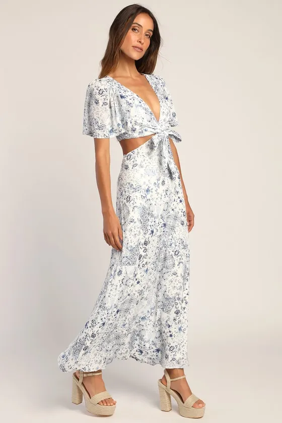 Stroll the Avenues White Floral Print Tie-Front Maxi Dress sold by Lulus product image thumbnail 2