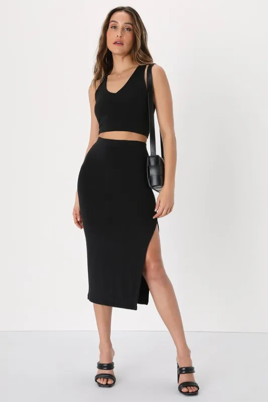Favorite Style Black High-Waisted Bodycon Midi Skirt sold by Lulus