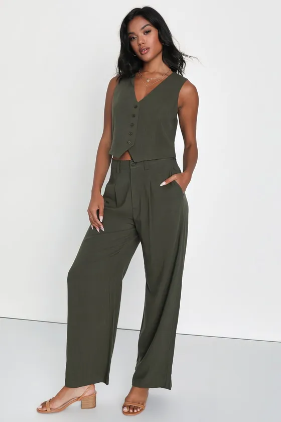 Suits You Perfectly Olive Green Linen Wide-Leg Pants sold by Lulus
