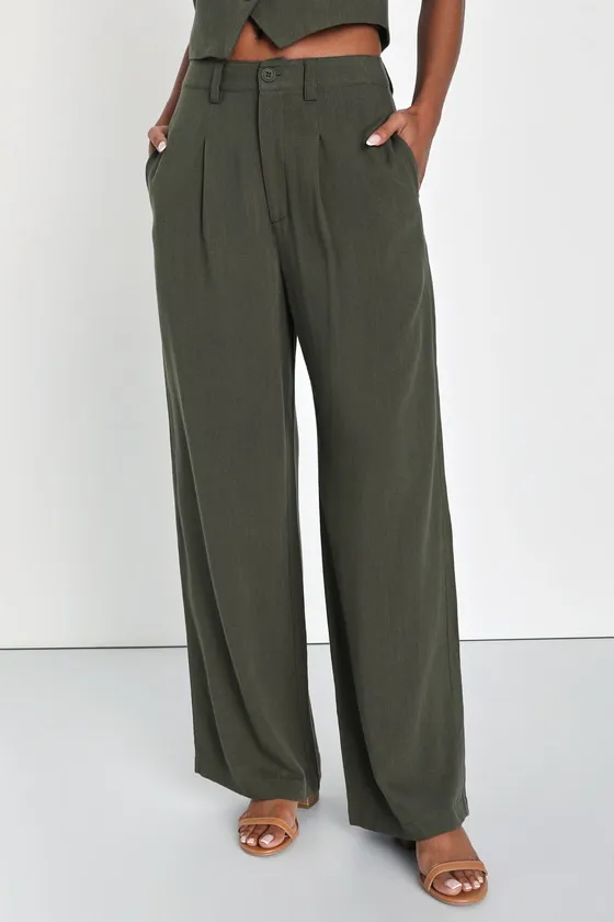 Suits You Perfectly Olive Green Linen Wide-Leg Pants sold by Lulus product image thumbnail 2