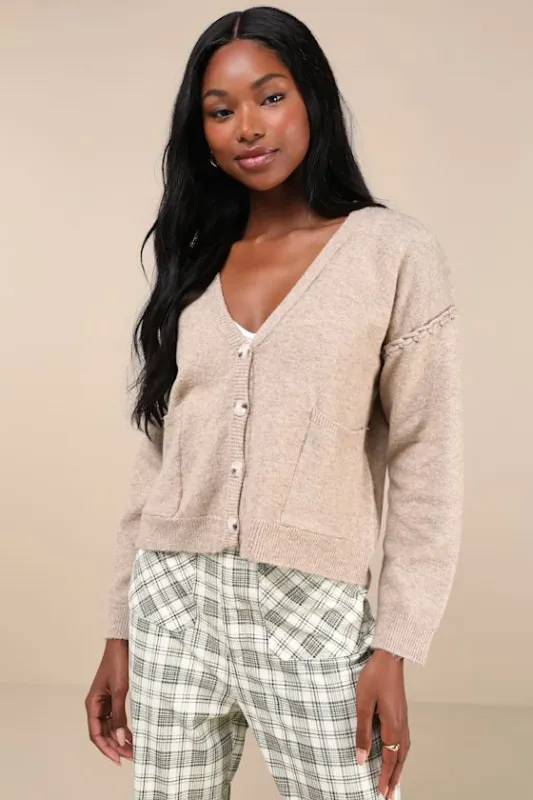 Cozy Venture Heathered Taupe Stitched Cardigan Sweater sold by Lulus