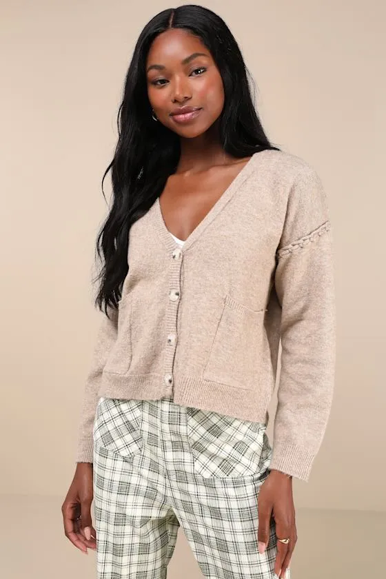 Cozy Venture Heathered Taupe Stitched Cardigan Sweater sold by Lulus