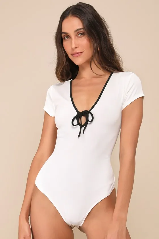 Pristine Lifestyle White Short Sleeve Keyhole Cutout Bodysuit sold by Lulus product image thumbnail 4