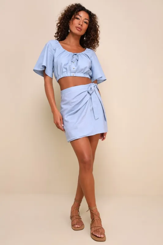 Charming Outing Blue Linen Two-Piece Button-Front Mini Dress sold by Lulus