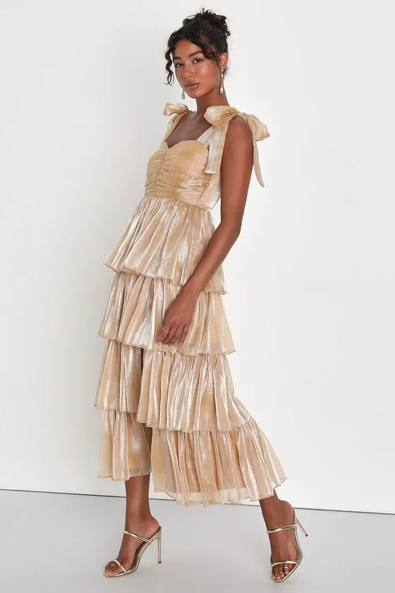Radiant Arrival Shiny Gold Organza Tiered Tie-Strap Maxi Dress sold by Lulus product image thumbnail 3