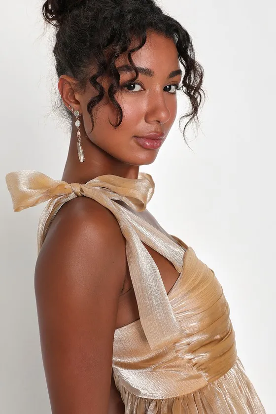 Radiant Arrival Shiny Gold Organza Tiered Tie-Strap Maxi Dress sold by Lulus product image thumbnail 4
