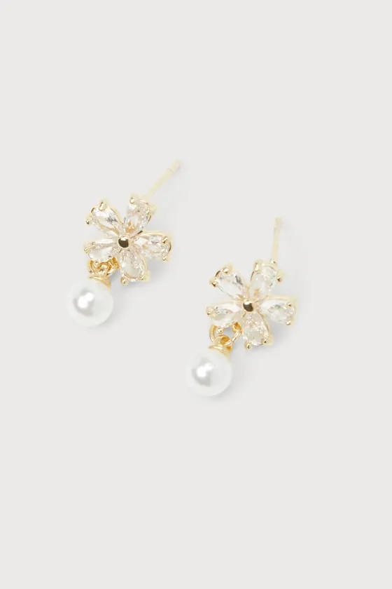Simply Sparkling Gold Rhinestone Pearl Flower Stud Earrings sold by Lulus product image thumbnail 2