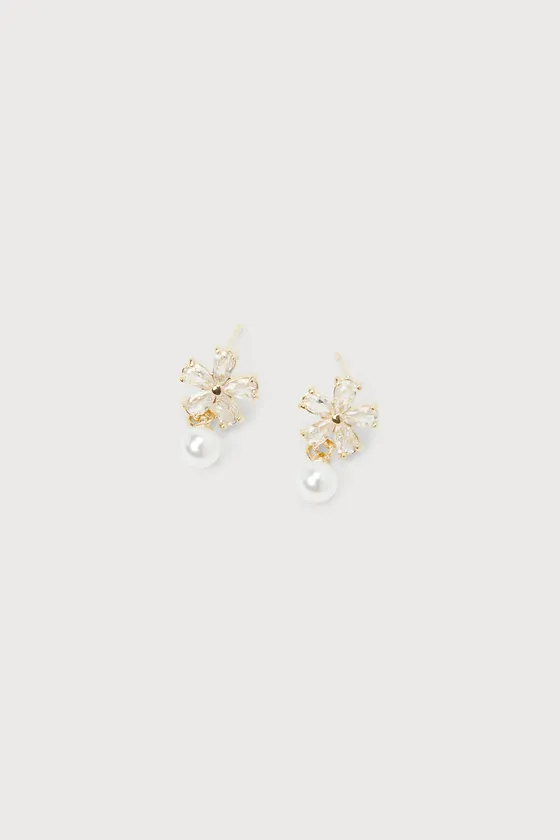 Simply Sparkling Gold Rhinestone Pearl Flower Stud Earrings sold by Lulus product image thumbnail 3
