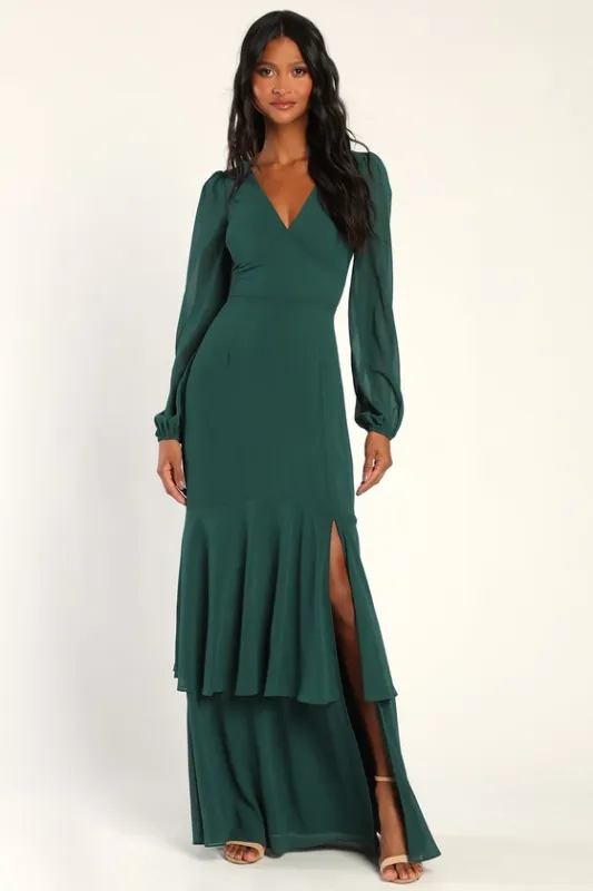 Tier Elegance Hunter Green Long Sleeve Tiered Maxi Dress sold by Lulus