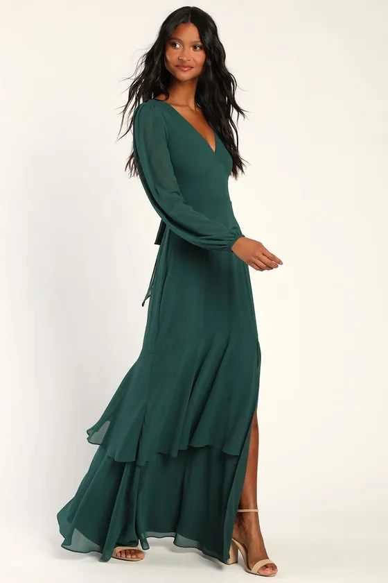 Tier Elegance Hunter Green Long Sleeve Tiered Maxi Dress sold by Lulus product image thumbnail 2