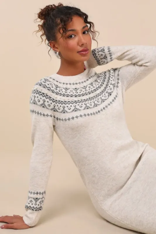 Dazzling Warmth Cream Marled Rhinestone Pearl Sweater Dress sold by Lulus