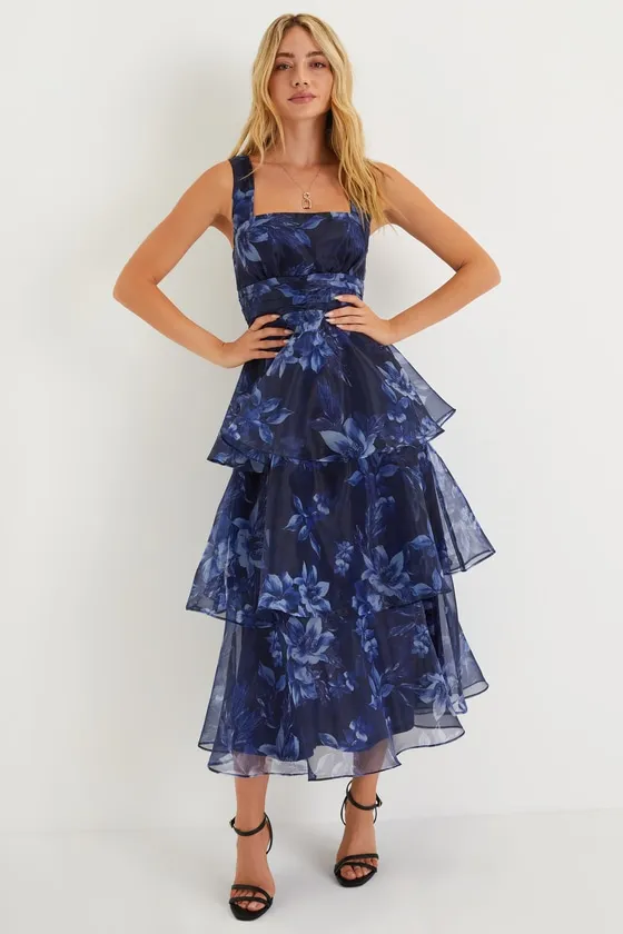 Dramatic Glamour Navy Blue Floral Organza Tiered Midi Dress sold by Lulus