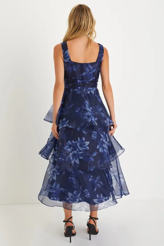 Dramatic Glamour Navy Blue Floral Organza Tiered Midi Dress sold by Lulus product image thumbnail 2