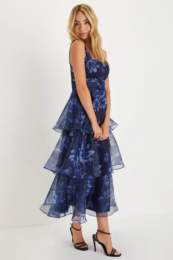 Dramatic Glamour Navy Blue Floral Organza Tiered Midi Dress sold by Lulus product image thumbnail 4