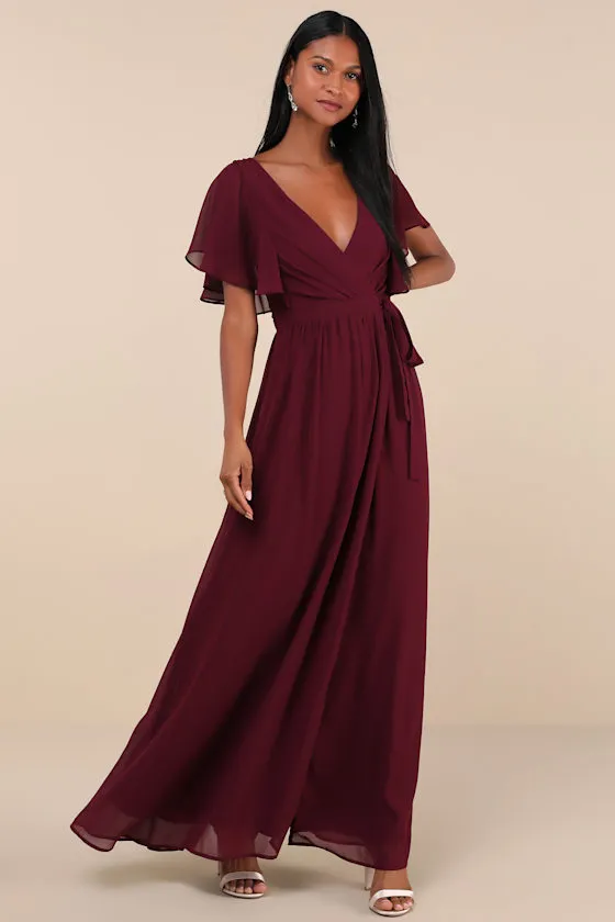 Convincing Grace Burgundy Flutter Sleeve Wrap Maxi Dress sold by Lulus