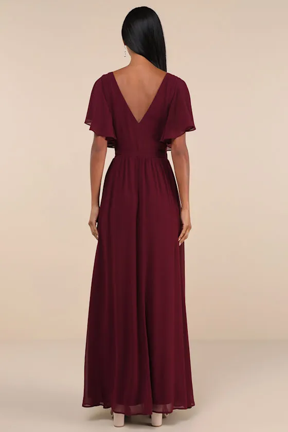 Convincing Grace Burgundy Flutter Sleeve Wrap Maxi Dress sold by Lulus product image thumbnail 2