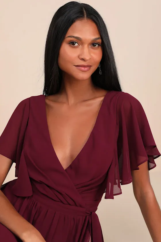 Convincing Grace Burgundy Flutter Sleeve Wrap Maxi Dress sold by Lulus product image thumbnail 4