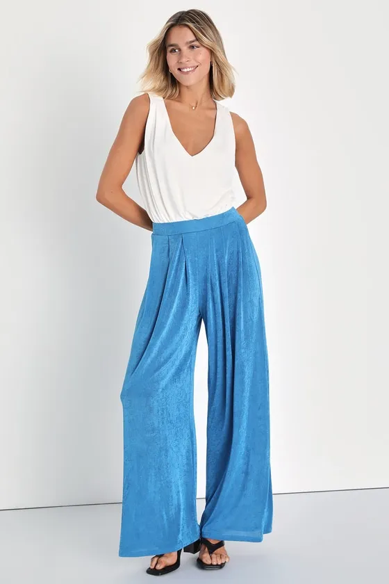 Diva Dedication Blue Knit High-Waisted Wide-Leg Pants sold by Lulus