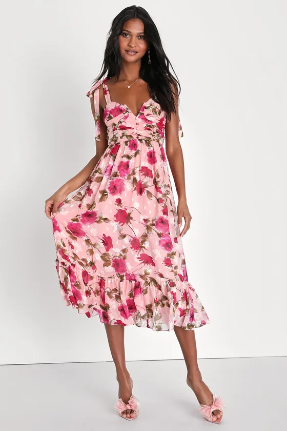 Lush Loveliness Pink Floral Jacquard Tie-Strap Midi Dress sold by Lulus