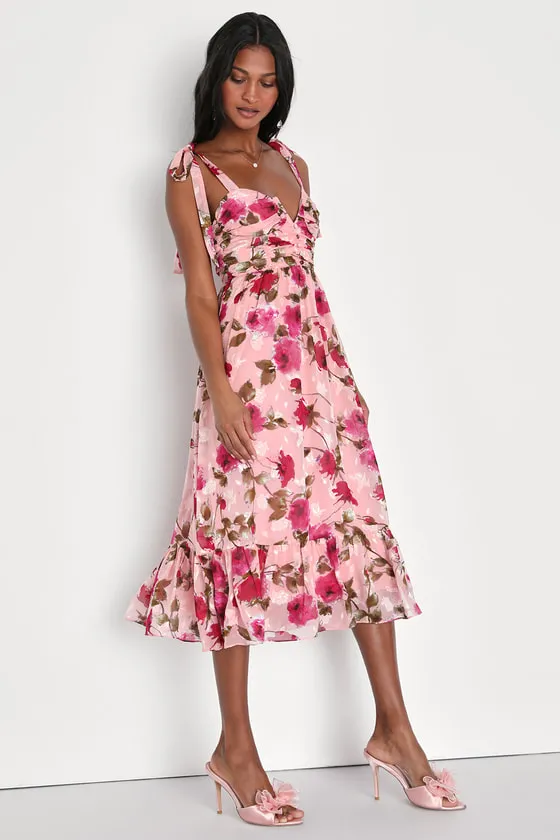 Lush Loveliness Pink Floral Jacquard Tie-Strap Midi Dress sold by Lulus product image thumbnail 3
