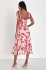 Lush Loveliness Pink Floral Jacquard Tie-Strap Midi Dress sold by Lulus
