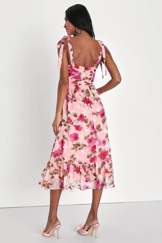 Lush Loveliness Pink Floral Jacquard Tie-Strap Midi Dress sold by Lulus product image thumbnail 4