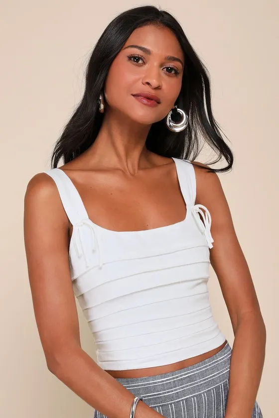 Trendsetting Essence White Linen Pleated Cropped Lace-Up Top sold by Lulus