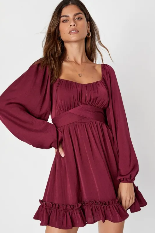 Vision of Charm Plum Purple Satin Long Sleeve Skater Mini Dress sold by Lulus