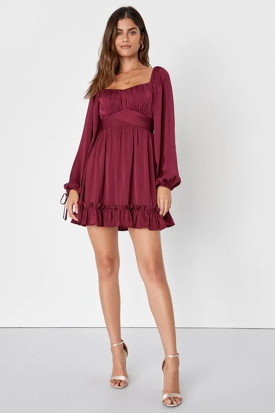Vision of Charm Plum Purple Satin Long Sleeve Skater Mini Dress sold by Lulus product image thumbnail 2