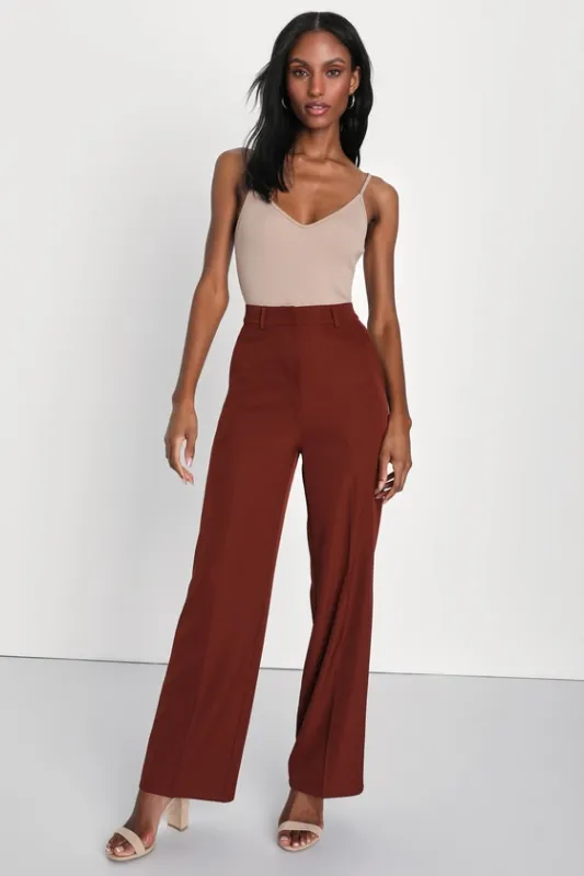 So Get This Rust Brown High-Waisted Wide-Leg Trouser Pants sold by Lulus