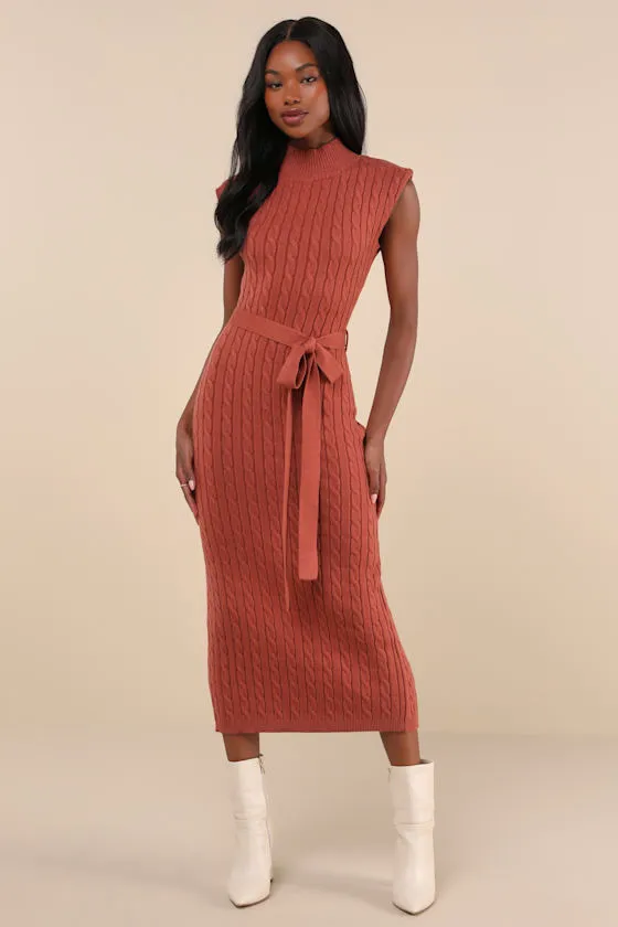 Seasonal Grace Rust Orange Cable Knit Mock Neck Midi Dress sold by Lulus