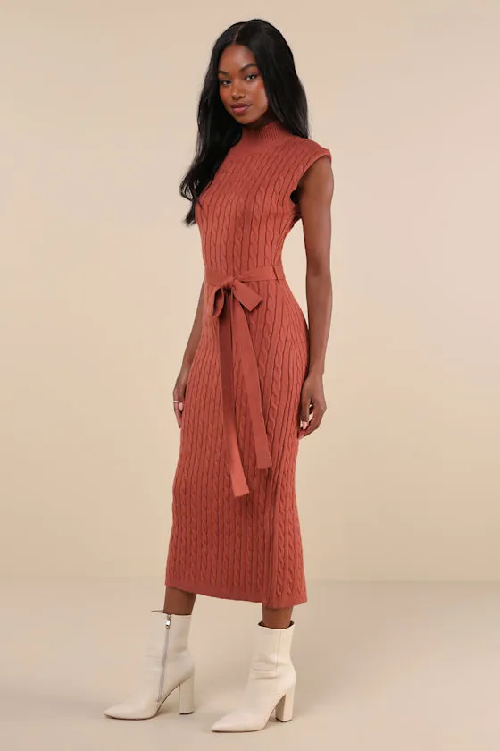 Seasonal Grace Rust Orange Cable Knit Mock Neck Midi Dress sold by Lulus product image thumbnail 2