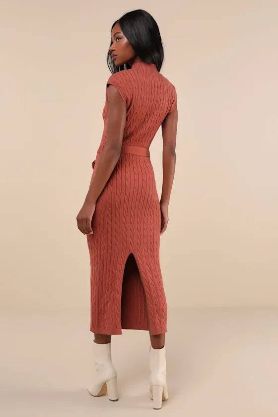 Seasonal Grace Rust Orange Cable Knit Mock Neck Midi Dress sold by Lulus product image thumbnail 3