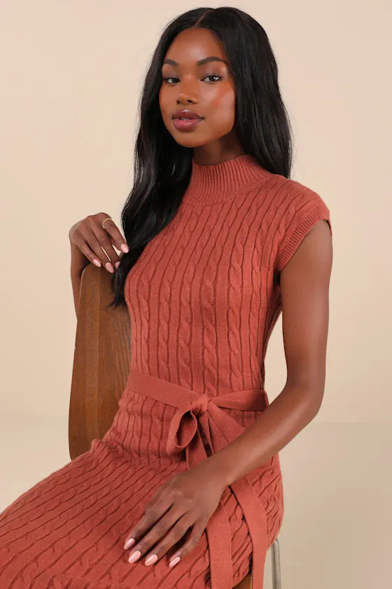 Seasonal Grace Rust Orange Cable Knit Mock Neck Midi Dress sold by Lulus product image thumbnail 4