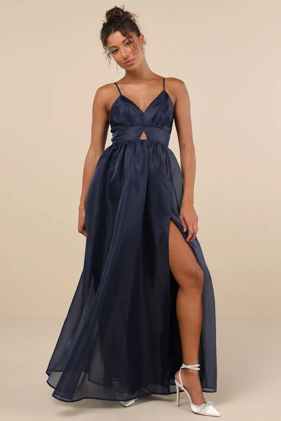 Authentic Glamour Navy Organza Sleeveless Cutout Maxi Dress sold by Lulus