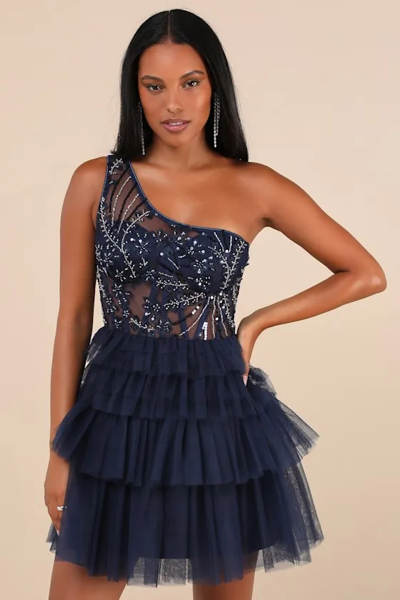 Fanciful Charm Navy Mesh Beaded Tiered One-Shoulder Mini Dress sold by Lulus