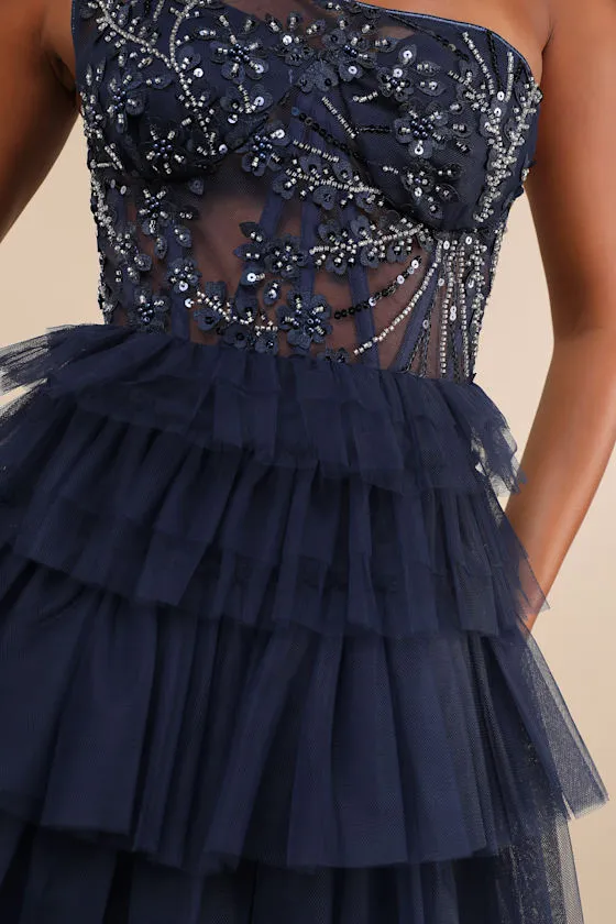 Fanciful Charm Navy Mesh Beaded Tiered One-Shoulder Mini Dress sold by Lulus product image thumbnail 4