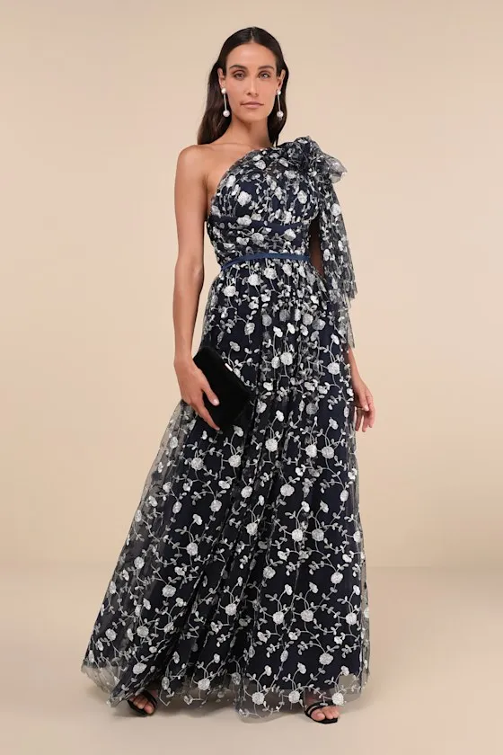 Whimsical Allure Navy Mesh Embroidered One-Shoulder Maxi Dress sold by Lulus