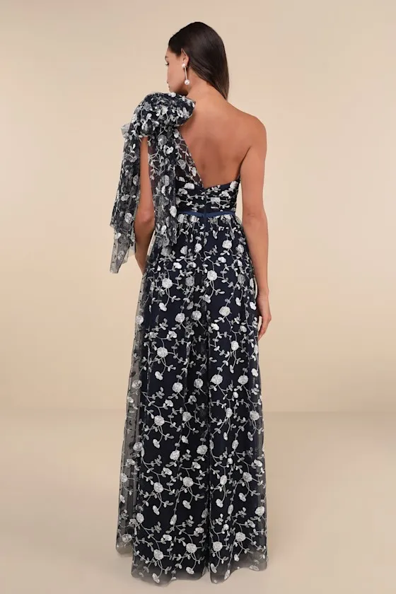 Whimsical Allure Navy Mesh Embroidered One-Shoulder Maxi Dress sold by Lulus product image thumbnail 2