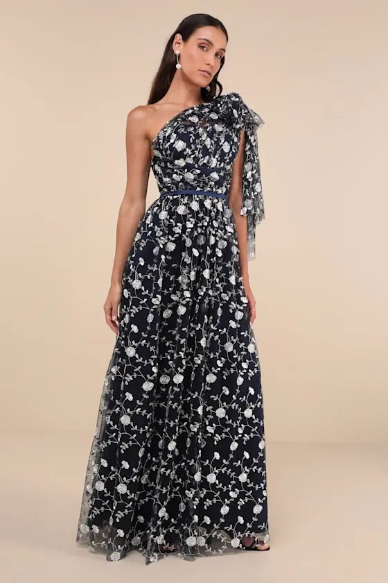 Whimsical Allure Navy Mesh Embroidered One-Shoulder Maxi Dress sold by Lulus product image thumbnail 3