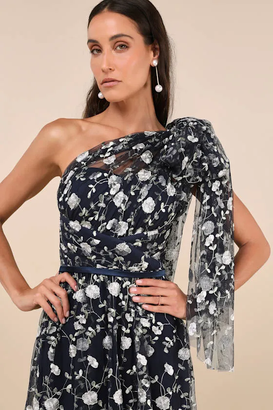 Whimsical Allure Navy Mesh Embroidered One-Shoulder Maxi Dress sold by Lulus product image thumbnail 4