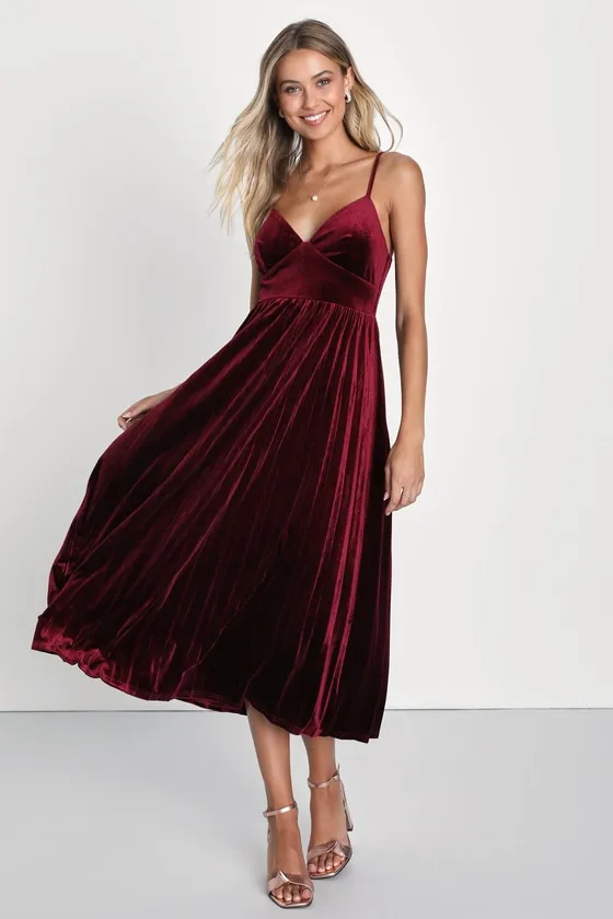 Unreal Charmer Burgundy Velvet Sleeveless Pleated Midi Dress sold by Lulus