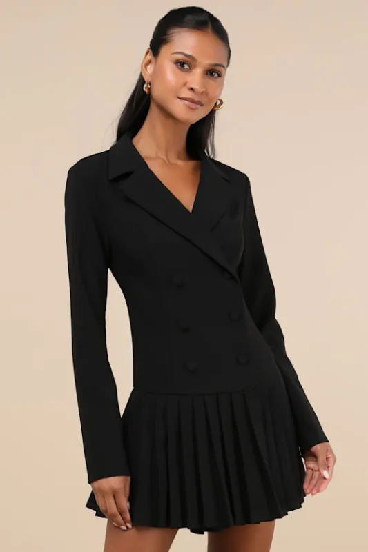 Posh Vision Black Long Sleeve Blazer Pleated Mini Dress sold by Lulus