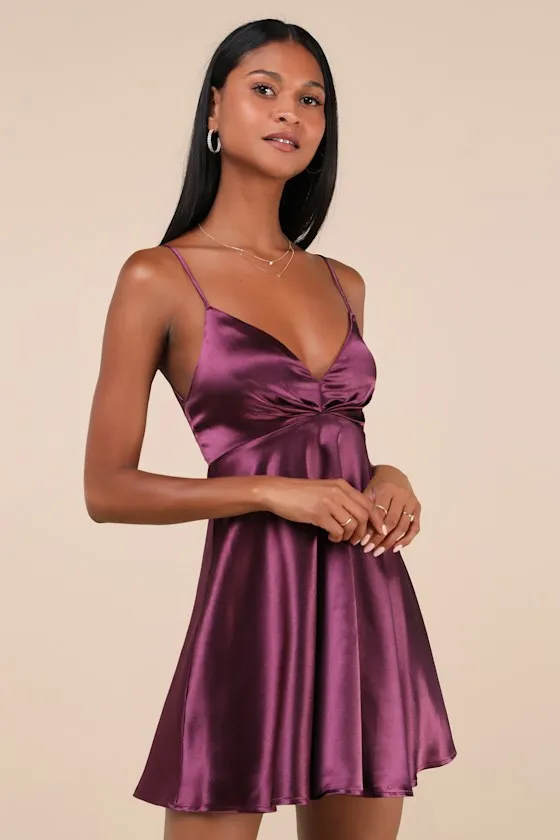 Happily Yours Plum Purple Satin Skater Mini Dress sold by Lulus