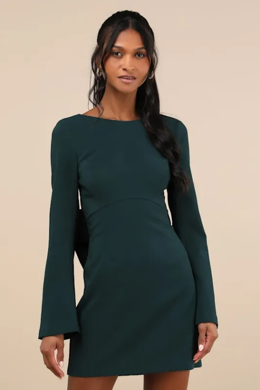 Elegant Cutie Emerald Bow Long Sleeve Backless Mini Dress sold by Lulus