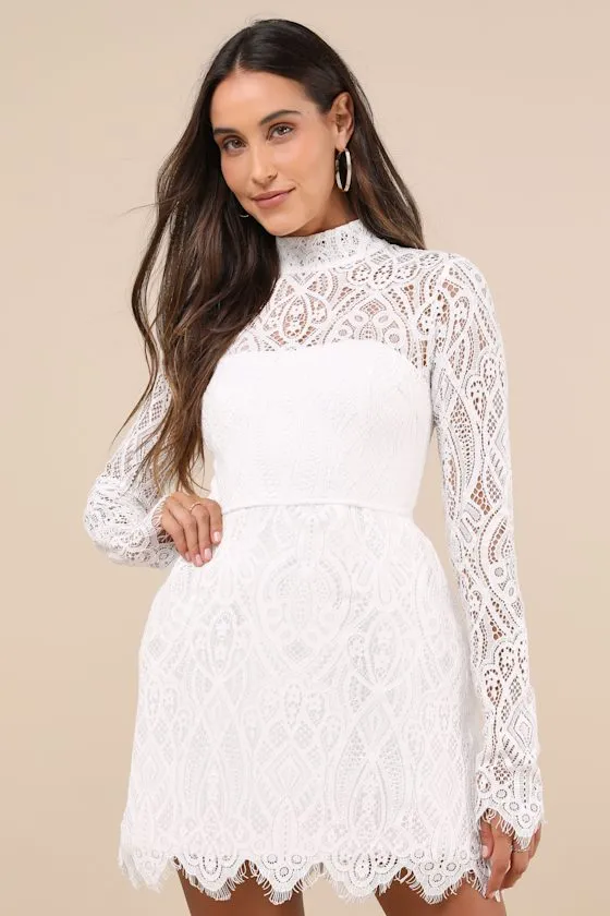 Gorgeous Attraction White Lace Structured Long Sleeve Mini Dress sold by Lulus